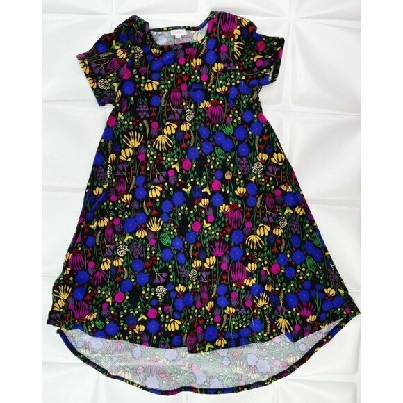 NEW Lularoe Sz XS Carly Black Floral Print A Line Shift Dress Purple Pink Blue - Picture 1 of 5